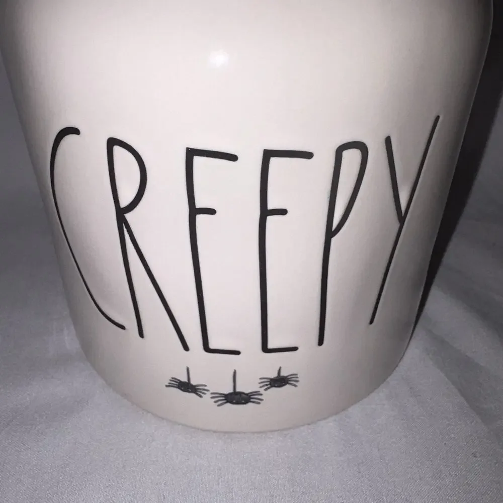 RAE DUNN “CREEPY” Halloween Ceramic 7”Canister Jar w/ Lid Spiders EUC
